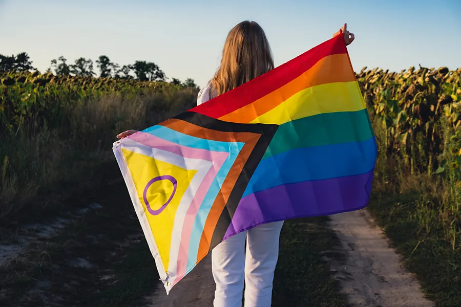 Person holds a pride flag