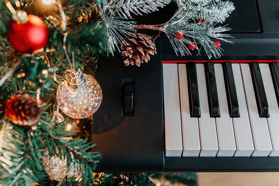 Christmas decorations and keyboard.